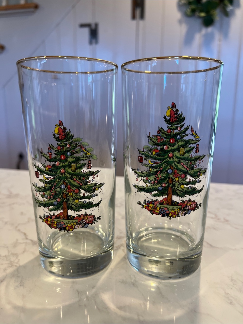 Spode Holiday Christmas Tree Highball Glasses with Gold Rim - Set of 2
